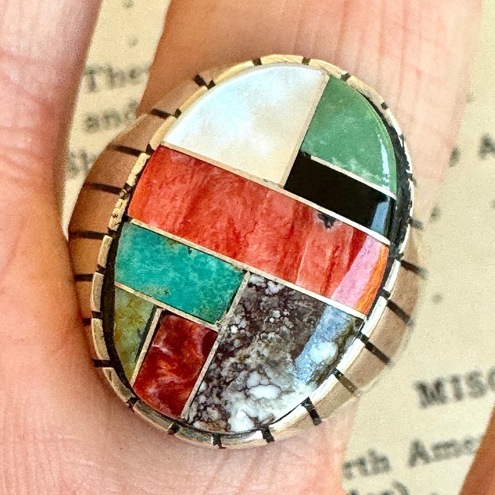 Navajo Turquoise Mens Ring Sz 10 Multi Stone Inlay Signed Jack Oval Sterl 20mm